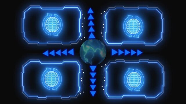 Futuristic HUD interface features central earth and data panels. Great for tech visuals and global projects. Use this HUD interface for modern designs.