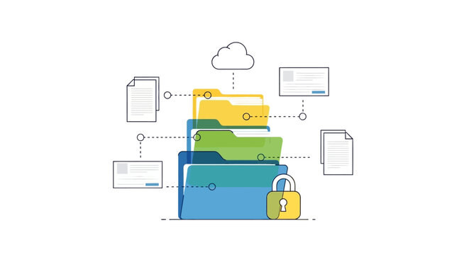 A stack of colorful folders with a padlock on the bottom one, surrounded by icons representing digital files and a cloud, against a clean white background with a focus on business