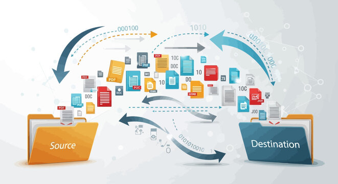 Graphic illustration of a business document transfer process with a source folder and destination folder in a data migration concept against a clean white background.