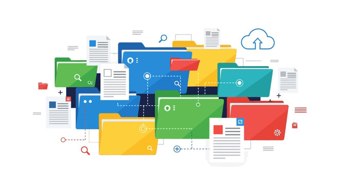 Colorful illustration of business folders and documents with various icons and symbols on a white background, conveying a sense of organization and productivity.