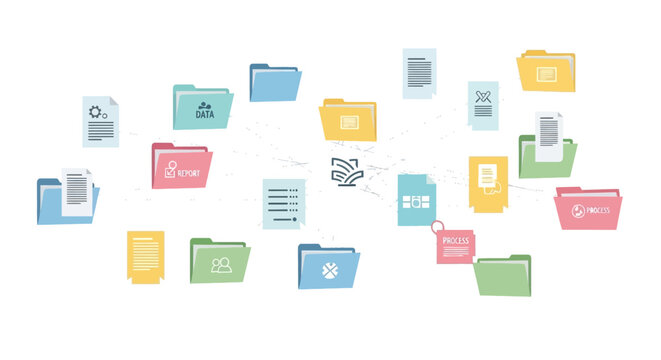 A collection of colorful folders and documents floating against a clean white background in a creative, flat lay composition with a business and organizational theme.