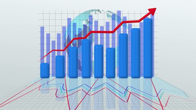 Global data visualization combines geography, bar graphs, and line trends. Ideal for international analytic and global market reports. Showcase worldwide data with this integrated visualization.