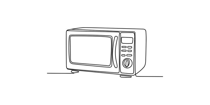 A single continuous line drawing of a kitchen microwave oven appliance on a plain white background. Vector, illustration