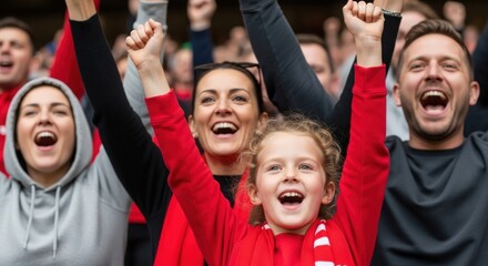 Fototapeta premium Jubilant fans celebrating a victory together in the stadium crowd