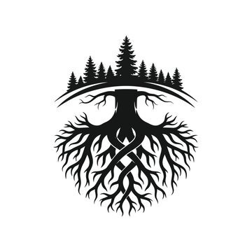 A black and white image of a tree with roots and pine trees isolated on white background, Vector, illustration