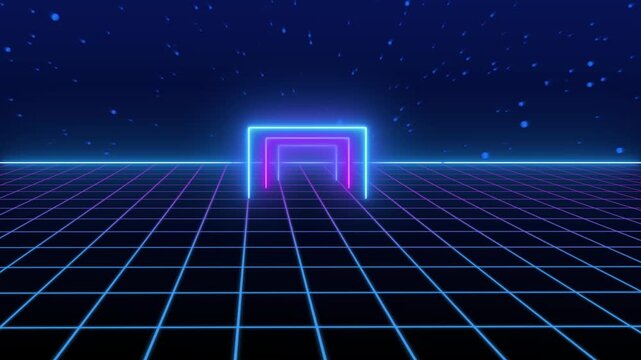 Neon tunnel of rectangular frames includes retro grid floor. Perfect for futuristic designs and abstract visuals. Enhance your projects with this neon tunnel animation.