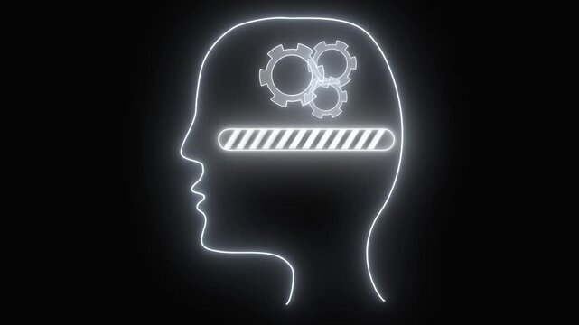 Neon outline of human head features gears and loading bar. Ideal for tech visuals and digital profiles. Enhance your projects with this neon head animation.