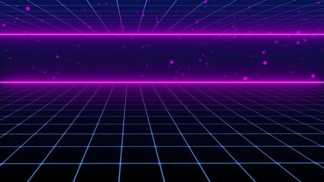 Neon pink horizon line floats above blue grid on starry background. Perfect for futuristic designs and abstract visuals. Use this neon horizon for modern projects.
