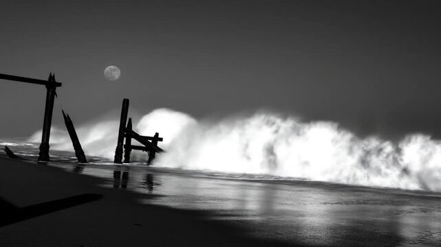 Dramatic black and white seascape featuring weathered pier pilings, large crashing waves, and a full moon above the ocean