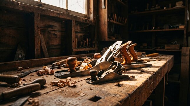 Dusty carpenter workbench covered in curly wooden shavings and vintage iron hand planes beautifully catches warm directional afternoon light.