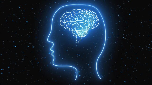 Neon outline of human head includes detailed brain illustration. Great for neurology and digital profiles. Enhance your projects with this neon brain animation.