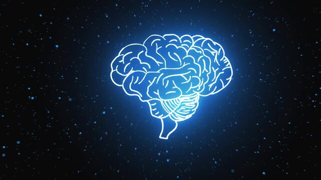 Glowing blue human brain outline features particles on dark background. Ideal for neuroscience and digital health visuals. Use this brain outline for modern projects.