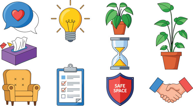 Wellness and Comfort Icons Set Featuring Relaxation, Safety, and Emotional Support Symbols