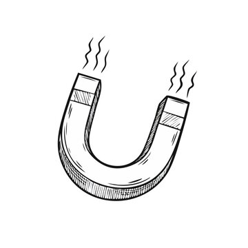Hand-drawn illustration of a U-shaped magnet with subtle wisps emanating from its poles, symbolizing attraction and force