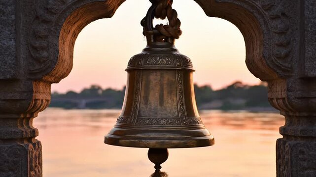 Ornate brass temple bell framed by a stone archway at golden hour over a serene river.