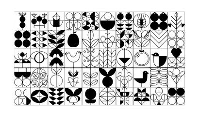Fototapeta premium Seamless Bauhaus Geometric Nature Mosaic Pattern Black and White Minimal Vector Illustration