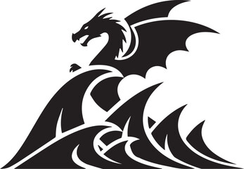 Obraz premium Dragon in Ocean Waves: Mythical Sea Monster Silhouette and Tribal Water Tattoo Icon