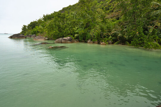 High tide with calm ocean, granite stones and lush forest at cap ternay, Mahe, Seychelles