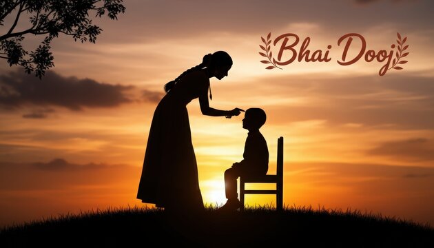 Woman blessing her child during bhai dooj celebration at sunset