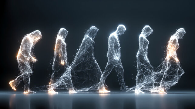 Abstract human silhouette glowing line art digital wireframe walking figure evolution concept futuristic light cyber human motion blur technology