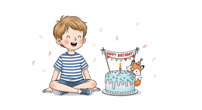 Illustration of a boy with a cute birthday cake on a white background