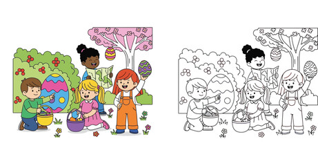 Obraz premium Diverse Children Participating in Easter Egg Hunt in a Garden: Color and Black and White Line Art Version for Kids Coloring Book and Activities