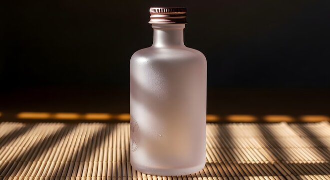 Frosted Glass Bottle with Copper Cap on Bamboo Mat, Product Photography