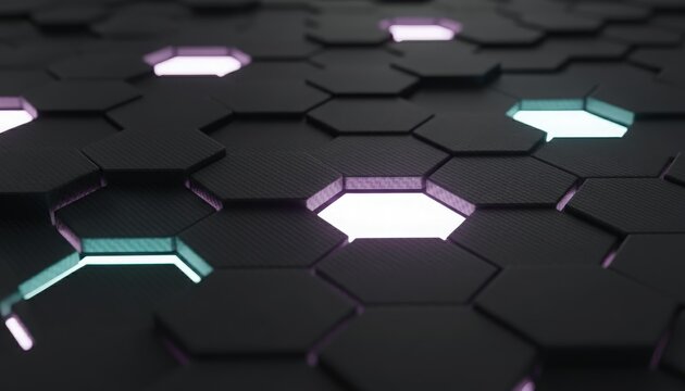 Hexagonal grid with glowing neon accents in dark background