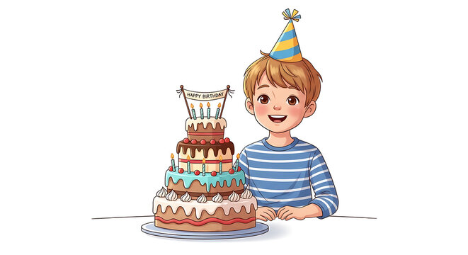Illustration of a boy with a cute birthday cake on a white background