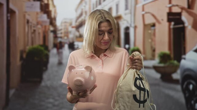 Woman holding a piggy bank and money bag on a cobblestone street, hands visible as she smiles while inspecting savings; financial optimism.