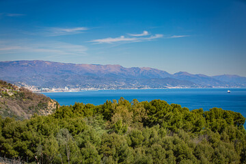 Naklejka premium Aerial panoramic view of Torre del Mare, municipality of Bergeggi, Liguria, province of Savona, Italy. Riviera dei Fiori. Maritime Republic