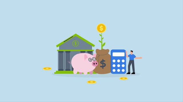 financial planning professional, 4k animation of businessman financial advisor with savings pig and money sack
