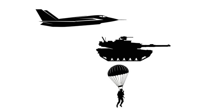 Military Aircraft, Tank, and Paratrooper Silhouette - Modern Warfare and Airborne Operations