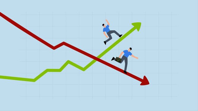 Profit and loss, 4k animation of entrepreneur sprinting on ascending growth chart and descending recession graph