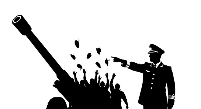Military commander fires cannon, crowd cheers, abstract concept of power and celebration
