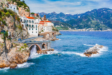 Atrani, Italy. Costa Amalfitana, colorful village on Mediterranean Sea