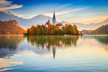 Bled, Slovenia. Autumn golden colors surrounding iconic Lake Bled
