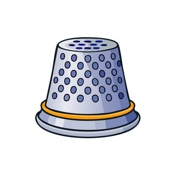 Cartoon illustration of a silver sewing thimble with blue dots and a yellow band for protecting fingers