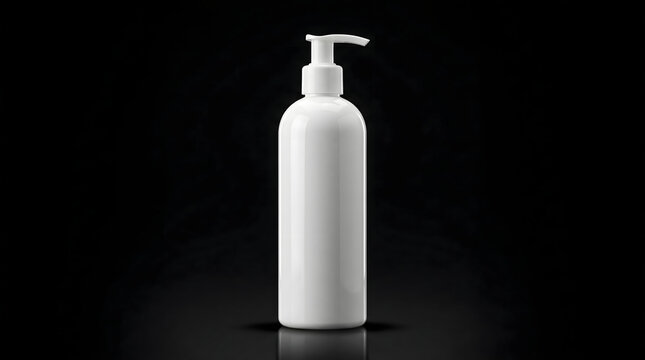 A white plastic pump bottle on a black background