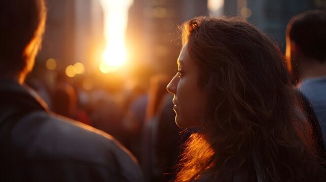 A woman s profile illuminated by the warm glow of a city sunset with a blurred crowd in the background