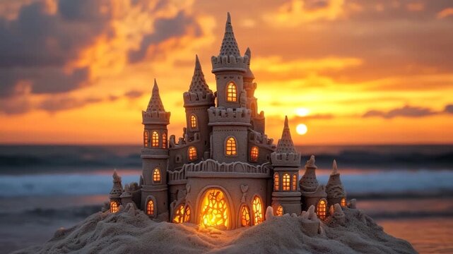 Sandcastle masterpiece glows at sunset on a beach with crashing waves