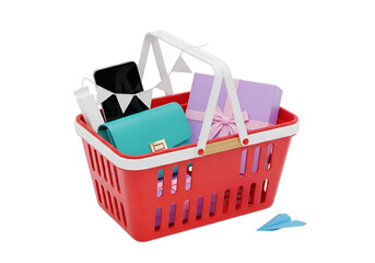 Fototapeta premium Shopping basket with colorful school and office supplies isolated on transparent background