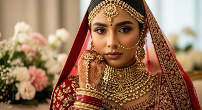 Elegant bride adorned in traditional bridal attire and intricate jewelry