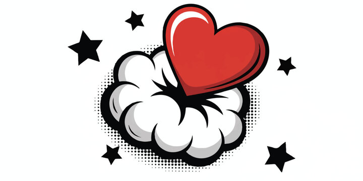 A stylized comic book illustration of a red heart emerging from a white cloud effect 