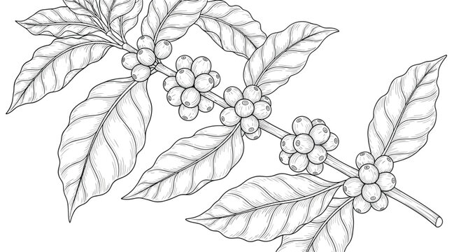 Detailed botanical drawing of a coffee branch with berries and large leaves in black and white represents the origin of the beverage.