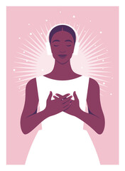 Modern flat vector illustration of a peaceful Black woman with her eyes closed, wearing headphones and holding her hands over her heart. Neurodiversity, ADHD focus, autism sensory regulation