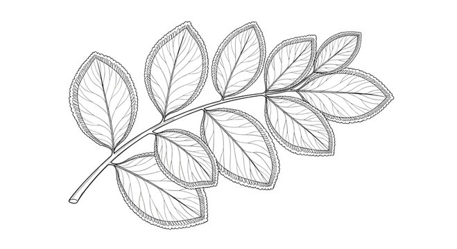 Detailed hand drawn sketch of a compound ash tree leaf showing its structure and many leaflets in fine lines for botanical study and nature art.
