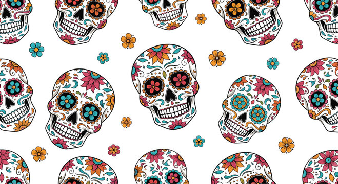 Seamless pattern with colorful sugar skulls and bright marigold flowers for traditional Mexican Day of the Dead celebrations and festivals.