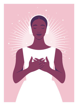 Modern flat vector illustration of a peaceful Black woman with her eyes closed, wearing headphones and holding her hands over her heart. Neurodiversity, ADHD focus, autism sensory regulation