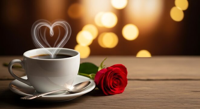 Coffee cup with steam shaped like heart, romantic concept, World Coffee Day